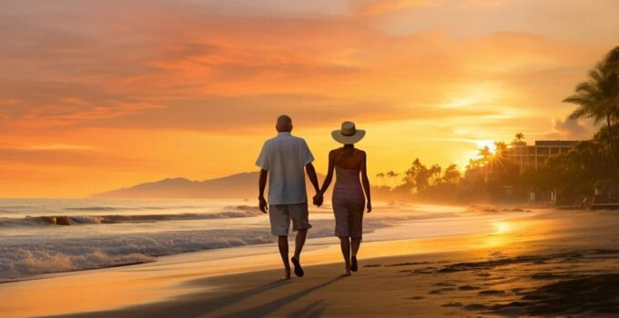 Elderly couple walking on a beach. Concept for Retirement Plans